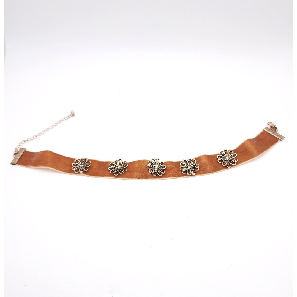 Velvet Ribbon Choker Necklace Tan Brown Gold Tone Flower Rhinestone 11-14in